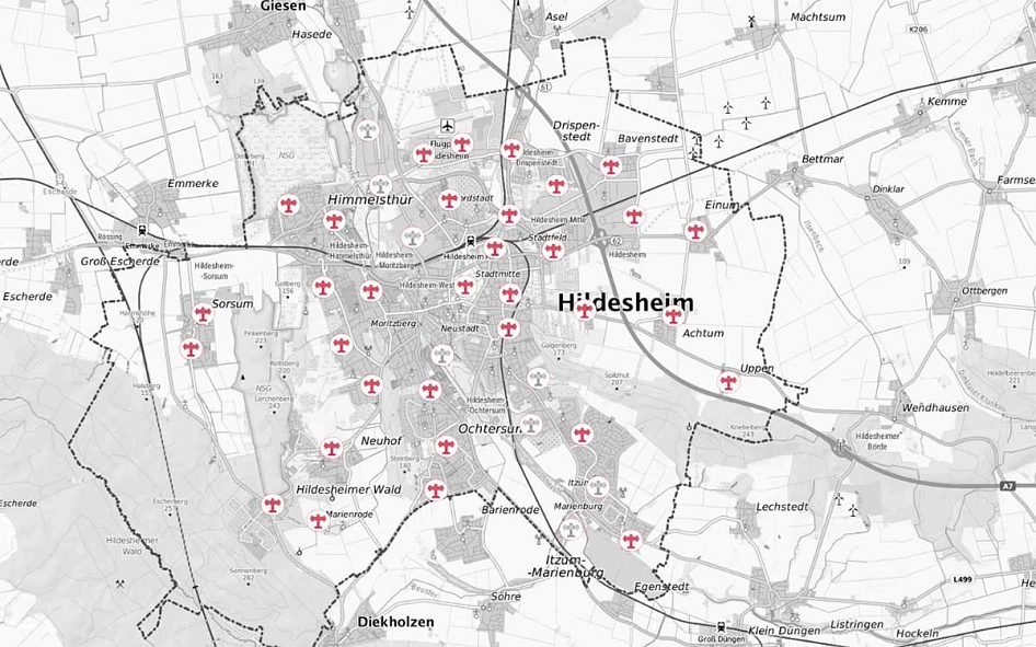 Eine Stadtkarte von Hildesheim mit den markierten Sirenenstandorten